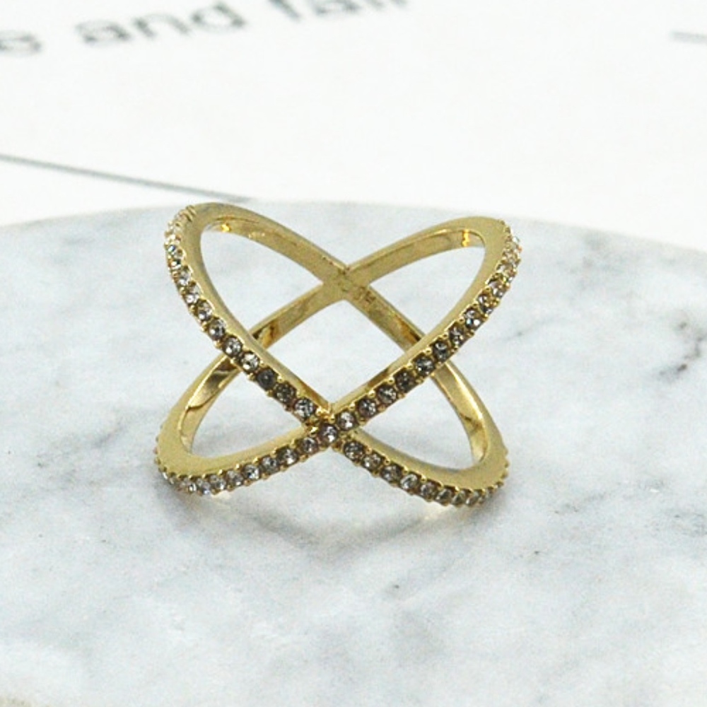 NEW Gold X Design Rhinestones Ring